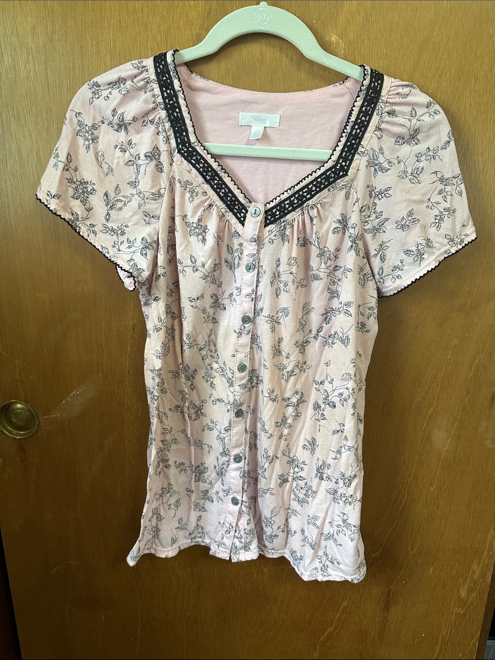 Secret Treasures Pale Pink Floral Button-Front Top with Black Trim